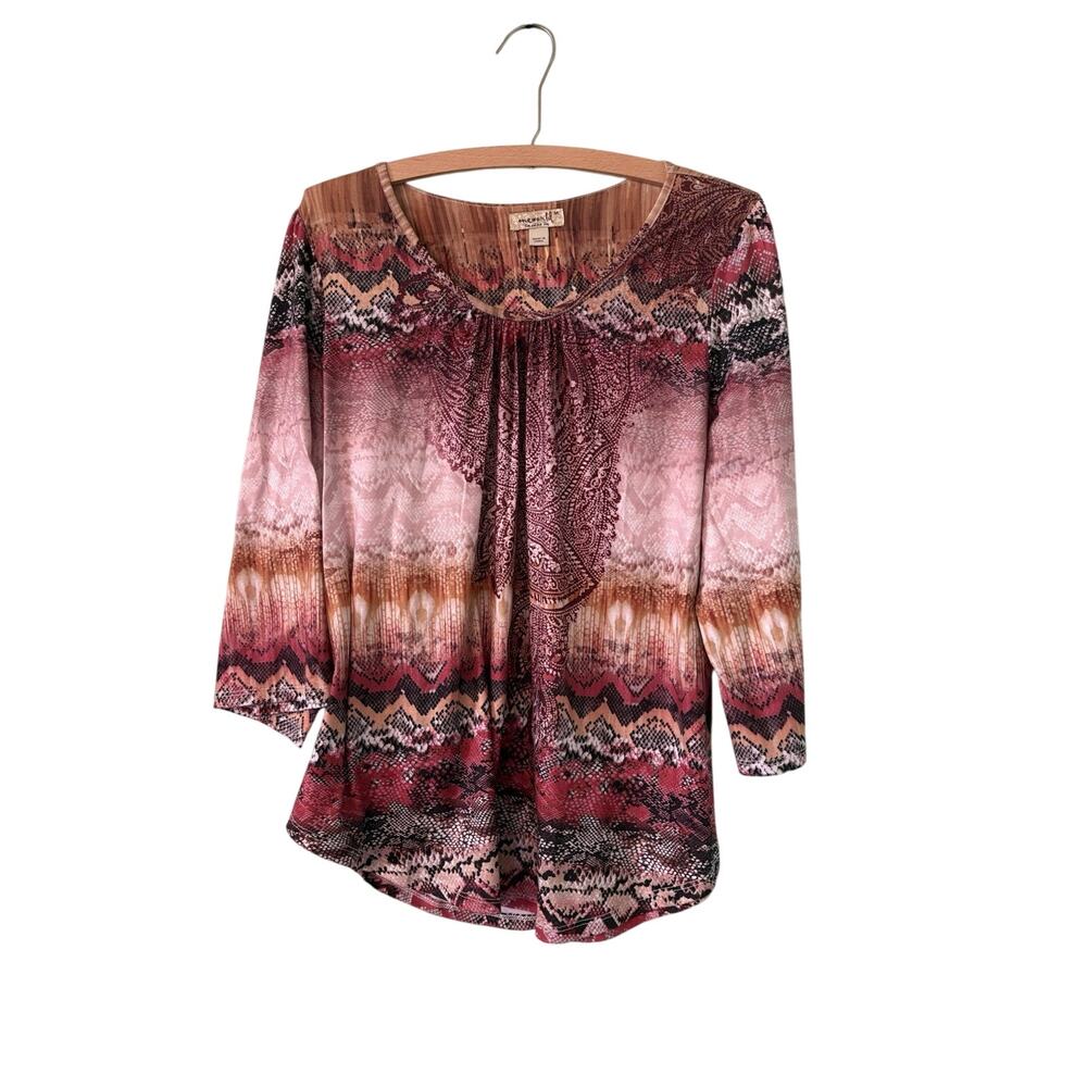 One World Women’s Med Multicolored Tunic 3/4 Sleeve Patterned Shirt Casual Top